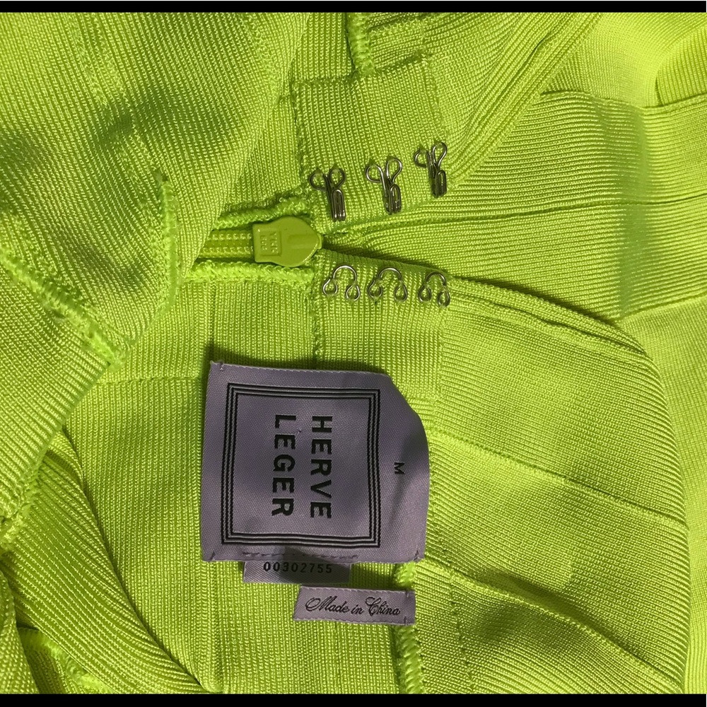 Herve Leger Neon Lime V-Neck Bandage Mini Dress - Picture 4 of 7